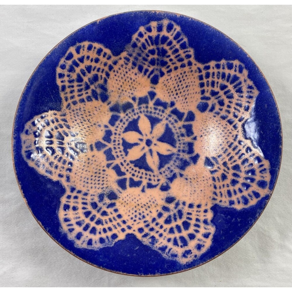 Enamel on Copper Low Trinket Bowl Mosaic Blue 6" Vintage Signed